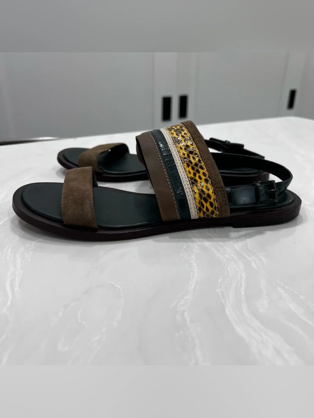 Tory Burch Edina Green Leather Colorblock Slingback SoHo Lux Sandals Women’s 5.5
